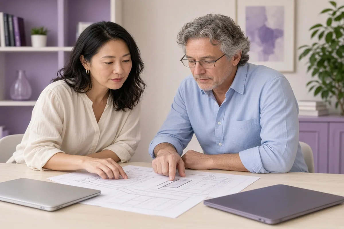 Two editors reviewing battery placement sketches at a desk