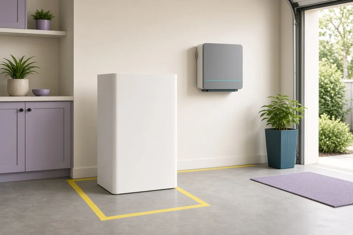 Home battery cabinet on a garage floor with clearance marks on the concrete
