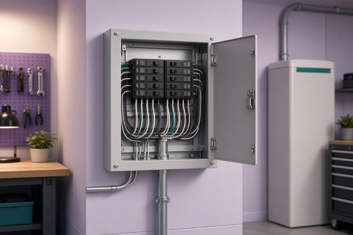 Open electrical panel with new breakers and conduit for a battery connection