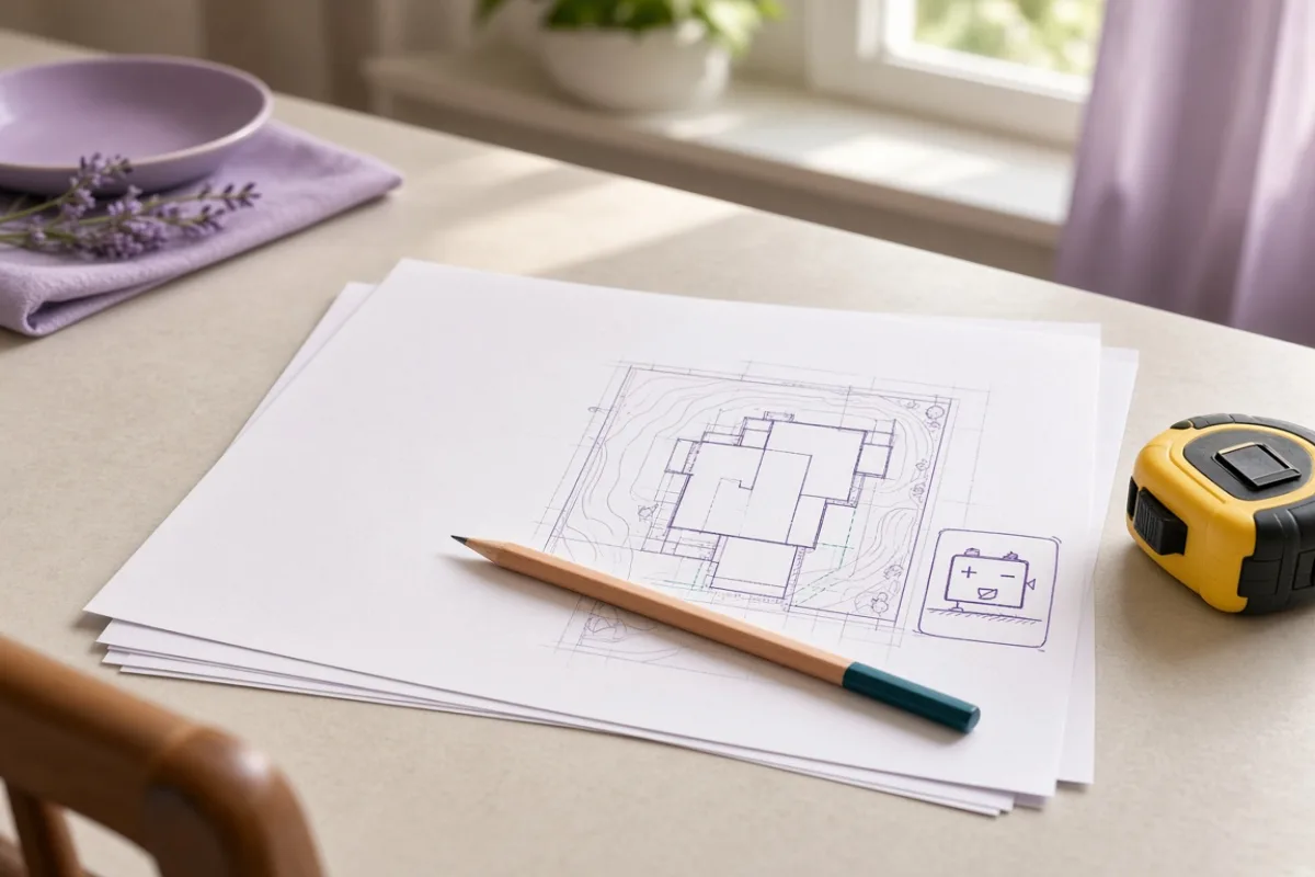 Permit papers and site plan spread out on a kitchen table