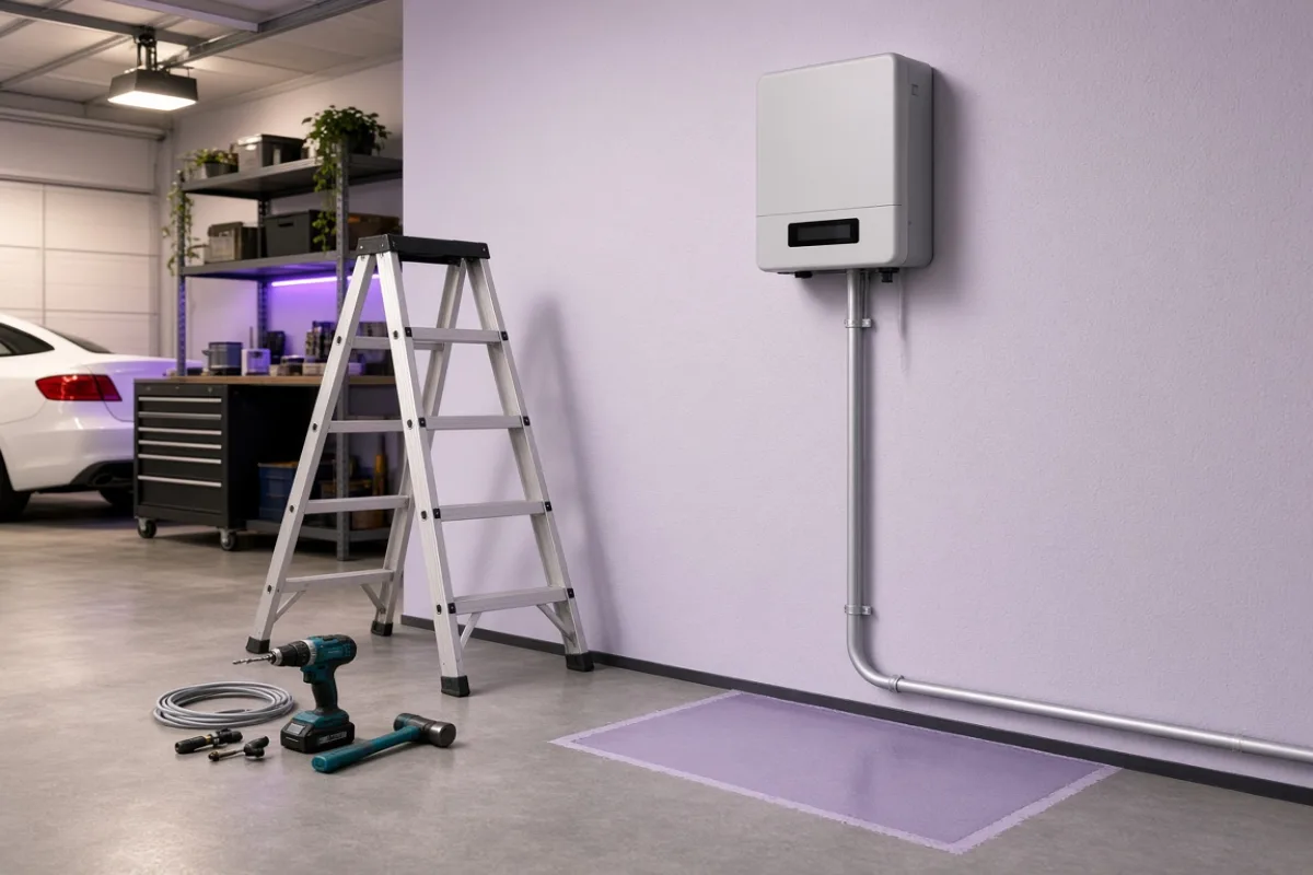 Conduit run along a garage wall from an inverter to a marked battery area