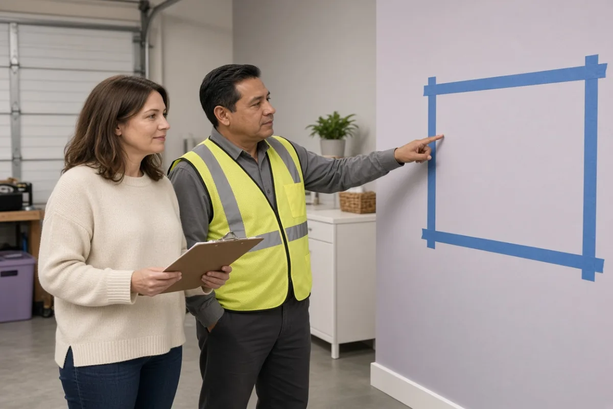 Homeowner and installer reviewing battery placement in a garage